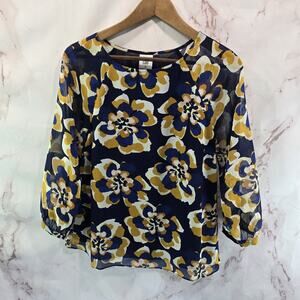 CAbi Shirt Womens XS Blouse Navy Blue Yellow Lydia Long Sleeve Floral 3426